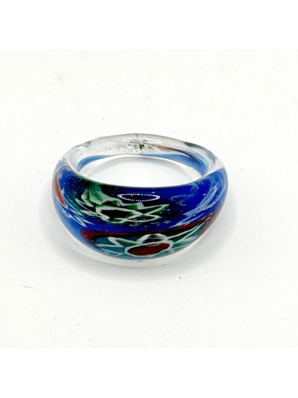 Murano Hand Blown‎ Art Glass Ring Blue Multicolor Millefiori Size 7.5